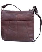 The Roma Leathers, Inc. 3018 Crossbody shoulder bag with organizer front features dark brown cowhide leather, a zippered top, two front seams, a short handle, an adjustable shoulder strap, and a spacious main compartment for essentials.