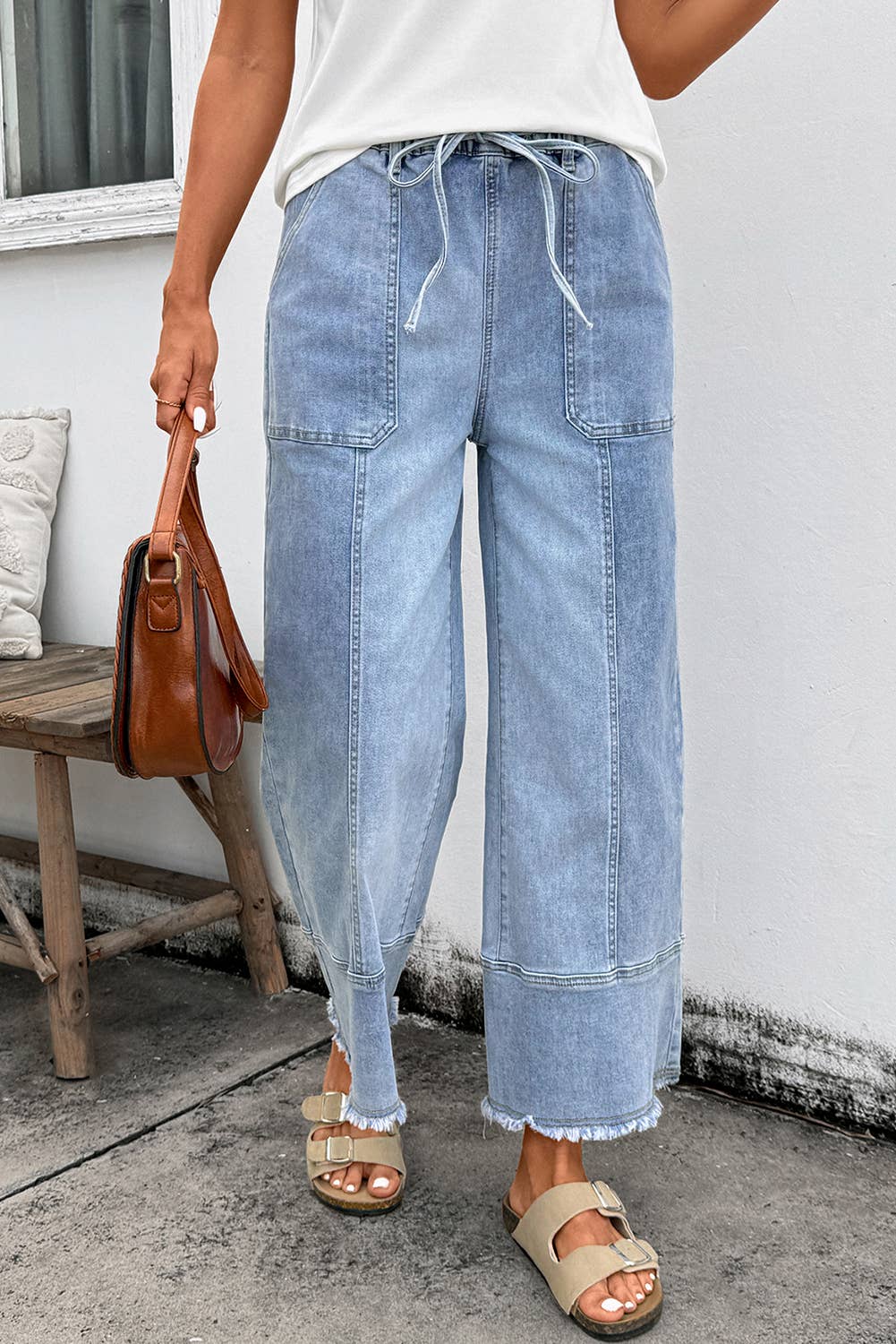 Drawstring Seam Detail Raw Hem Wide Leg Denim Pants Secondary image
