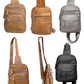 Six Roma Leathers, Inc. cowhide leather sling bag backpacks are shown from different angles in tan, gray, and black. Each features a front zipper pocket and adjustable shoulder strap, displayed on a white background.