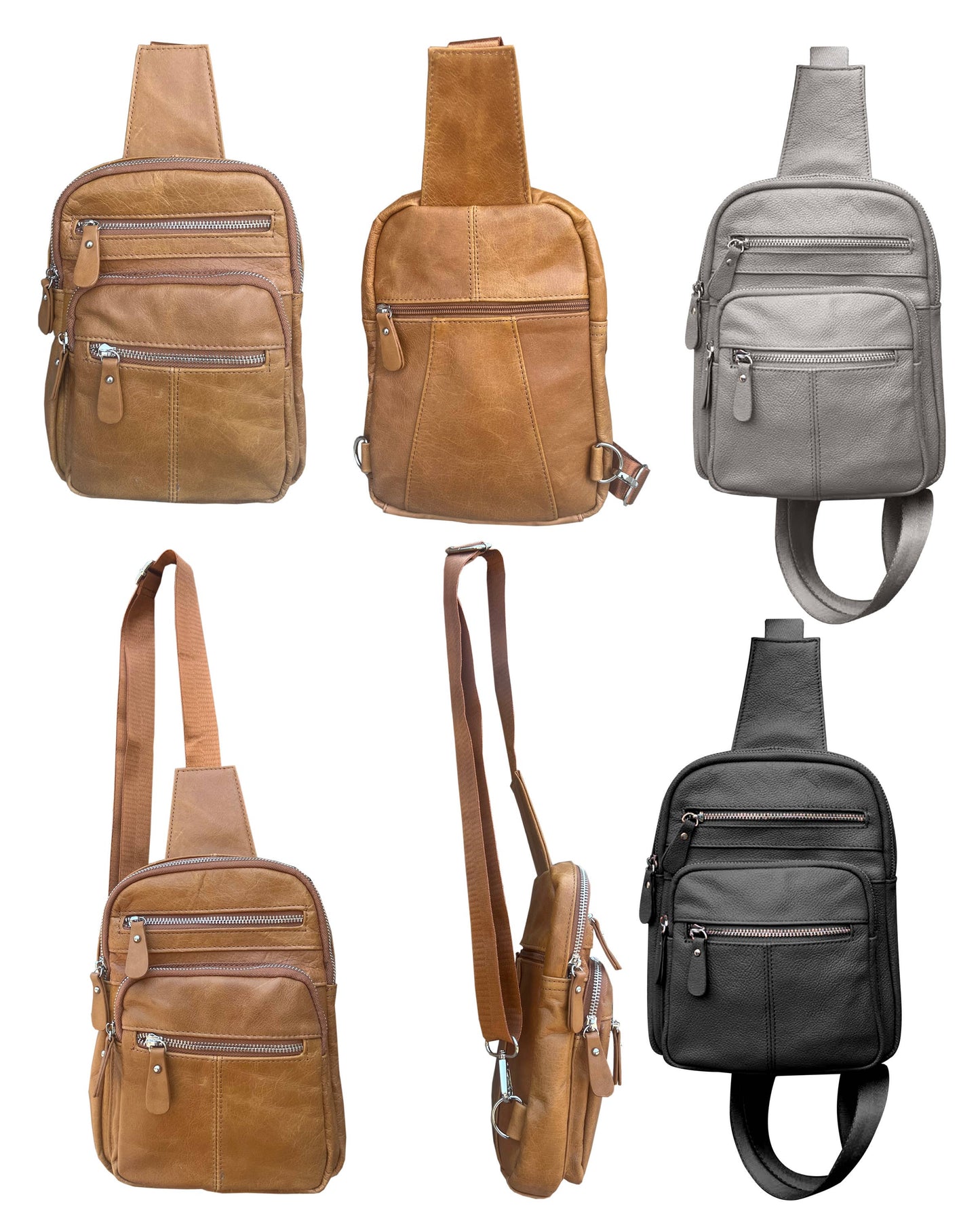Six Roma Leathers, Inc. cowhide leather sling bag backpacks are shown from different angles in tan, gray, and black. Each features a front zipper pocket and adjustable shoulder strap, displayed on a white background.