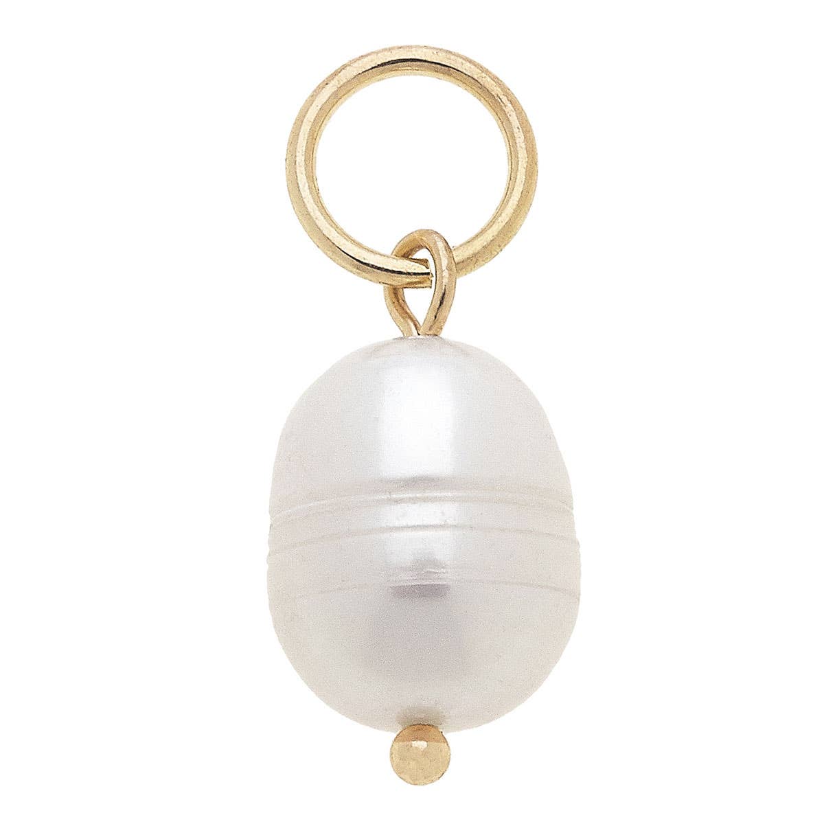Canvas Style Baroque Pearl Charm in Ivory—an elegant gold loop pendant showcasing a single oval ivory Baroque pearl accented with a small gold bead at the base, set in 18K gold-plated metal, displayed against a white background. Main image