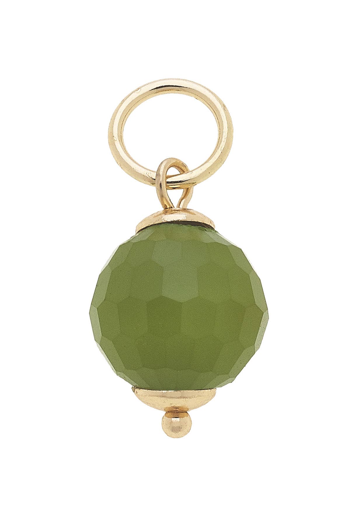 The Canvas Style Resin Bead Charm showcases a faceted green resin bead nestled between gold-colored metal caps, topped with a gold loop—perfect for adorning your favorite charm bracelet or necklace.