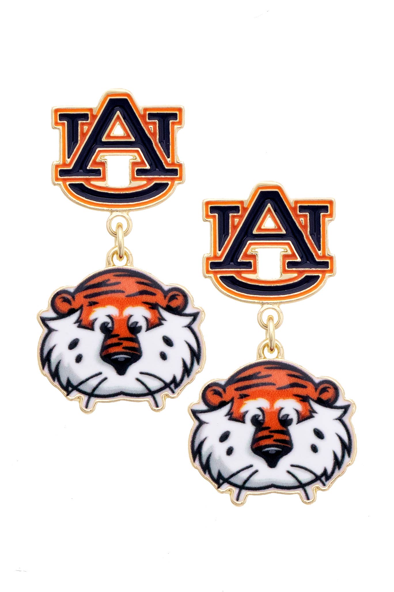 Show off your Auburn pride with the Canvas Style Auburn Tigers Enamel Drop Earrings, featuring the official university logo above a whimsical cartoon tiger face connected by a small link—perfect for adding spirited flair to your game day jewelry collection.