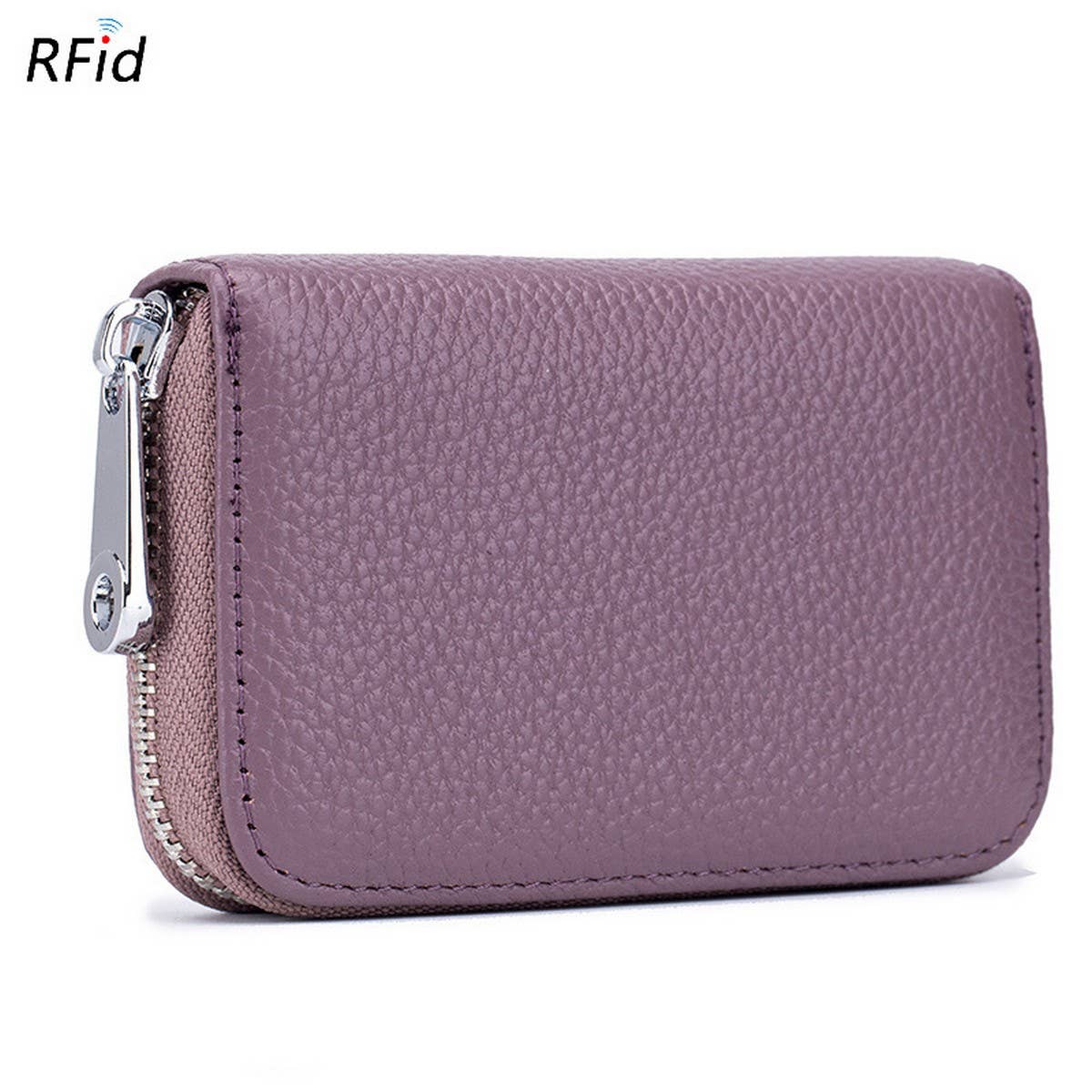 The ACCITY CARD WALLET Anti-Theft Wallet is a purple textured leather card holder with RFID protection and a silver zipper, displayed on a white background.