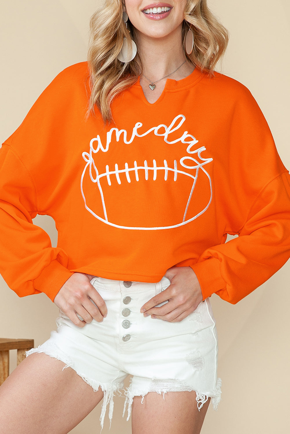 Orange Game Day Lettering Notched Neck Cropped Sweatshirt