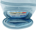 A Roma Leathers, Inc. Cowhide leather Crossbody with a back phone pocket is shown open, revealing organized credit and bank cards in its card slots.