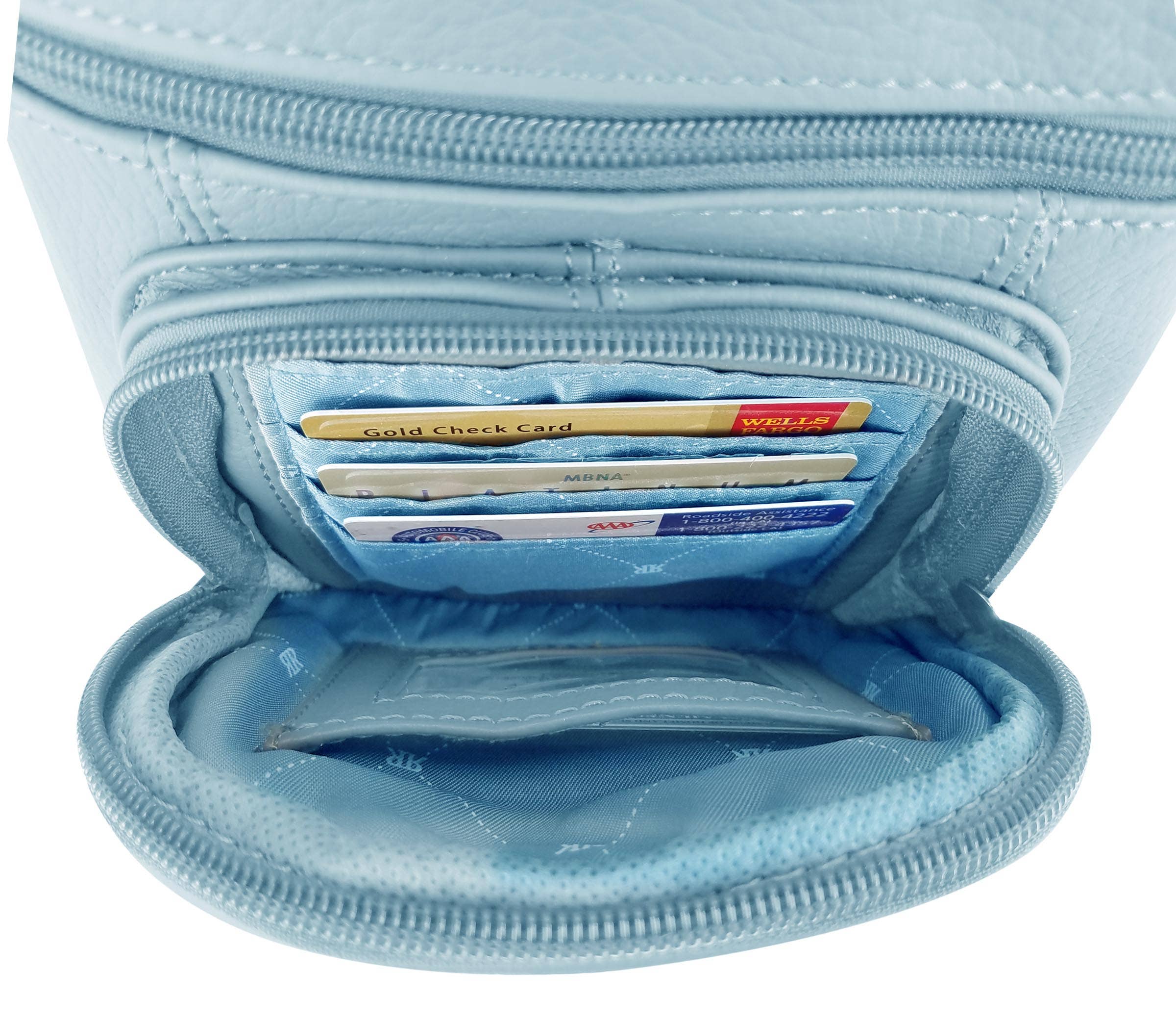 A Roma Leathers, Inc. Cowhide leather Crossbody with a back phone pocket is shown open, revealing organized credit and bank cards in its card slots.