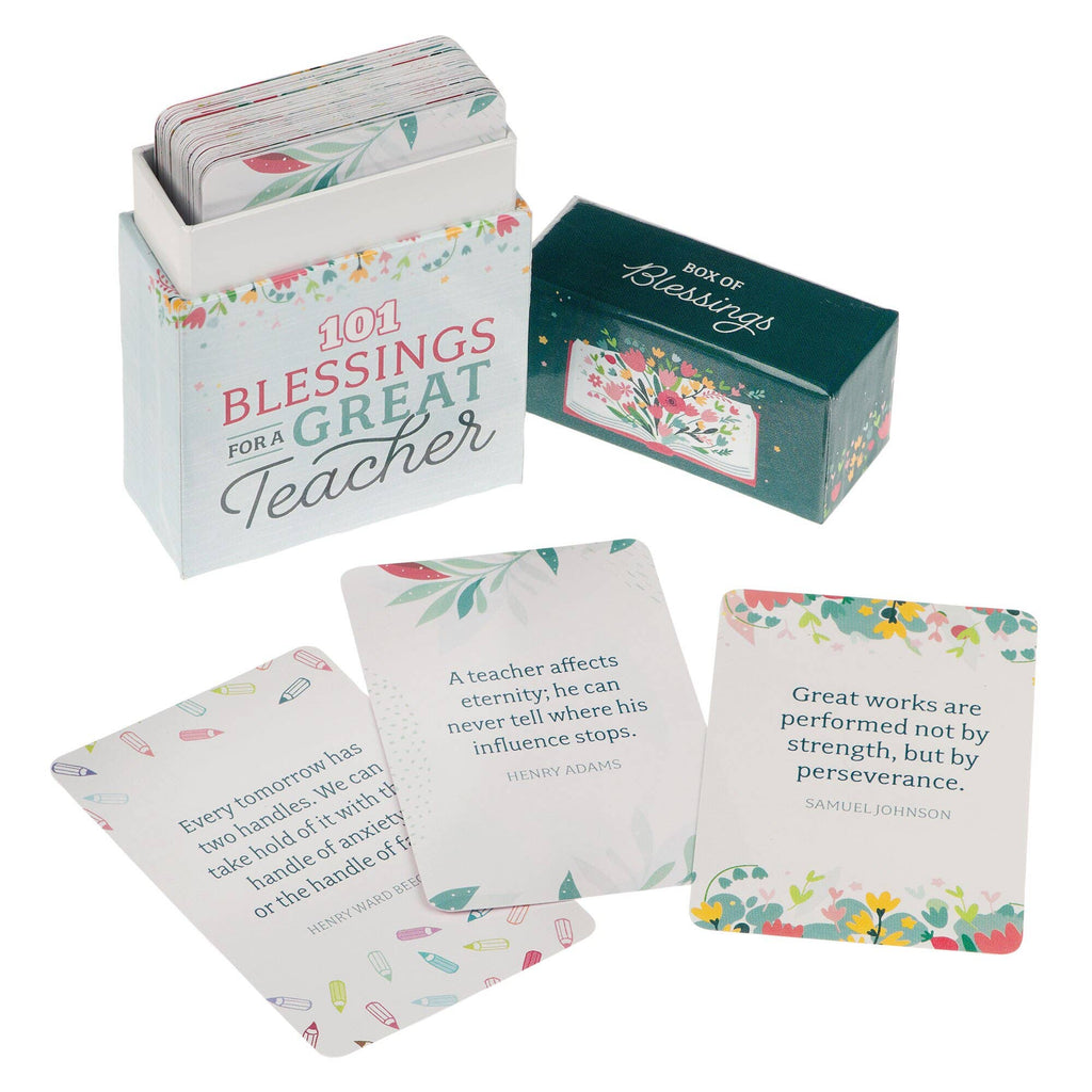 A Box of Blessings for a Great Teacher from Christian Art Gifts is shown with its cards displayed, each card highlighting an inspirational message especially for teachers—these uplifting cards make a meaningful teacher appreciation gift to celebrate and honor the blessings your favorite educators bring.