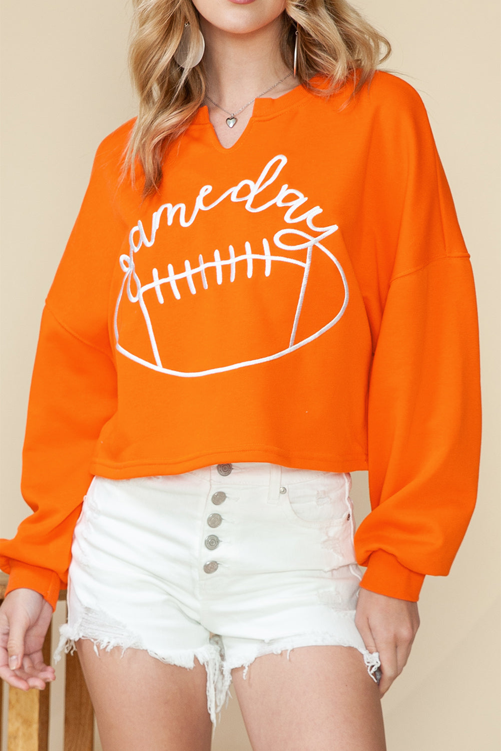 Orange Game Day Lettering Notched Neck Cropped Sweatshirt