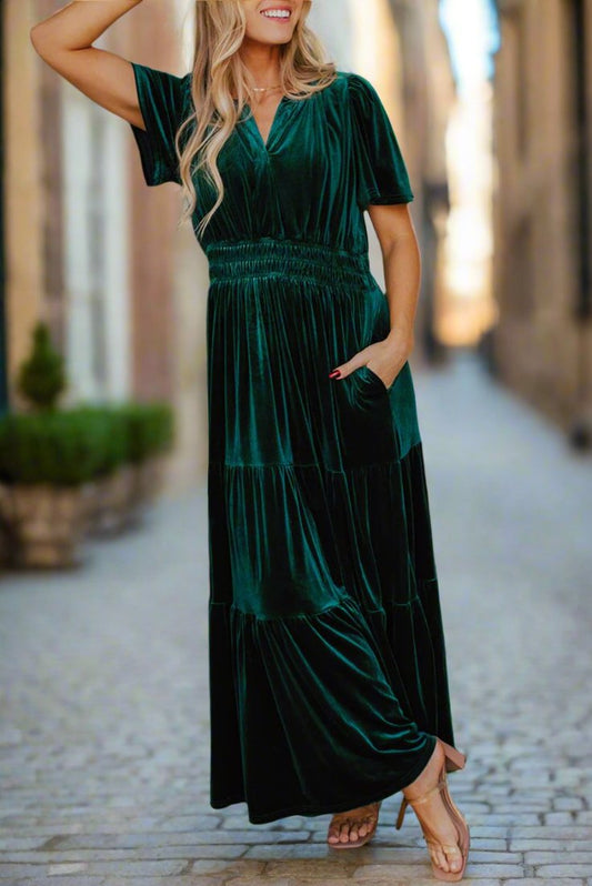 Evergreen Velvet Puff Short Sleeve Smocked Waist Tiered Maxi Dress