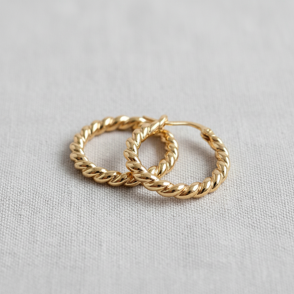 A pair of Ellemadera Sculptural Twisted Hoop Earrings, featuring small gold hoops with silver posts, are displayed on a light textured fabric background.