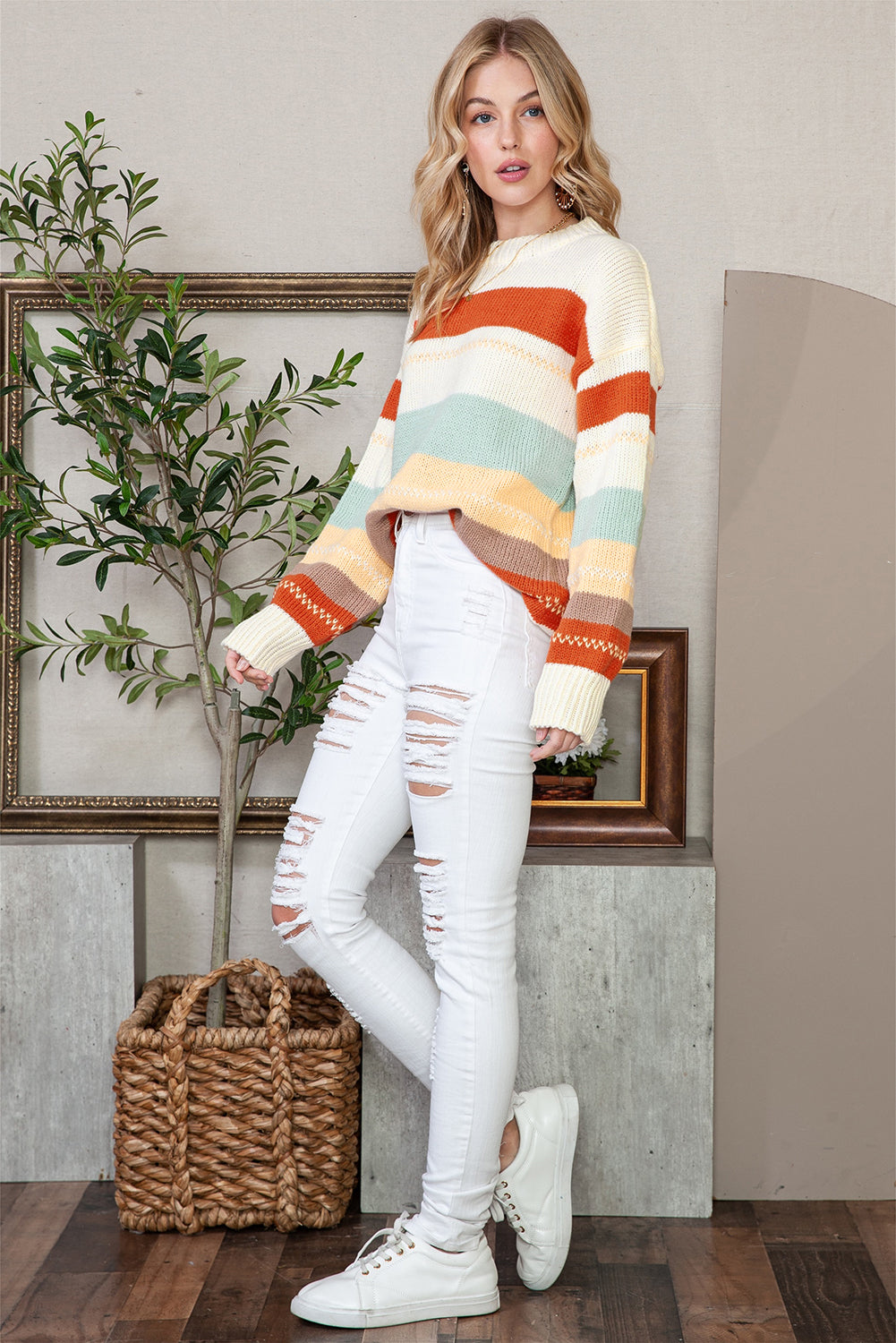 White Striped Color Block Drop Shoulder Knit Sweater