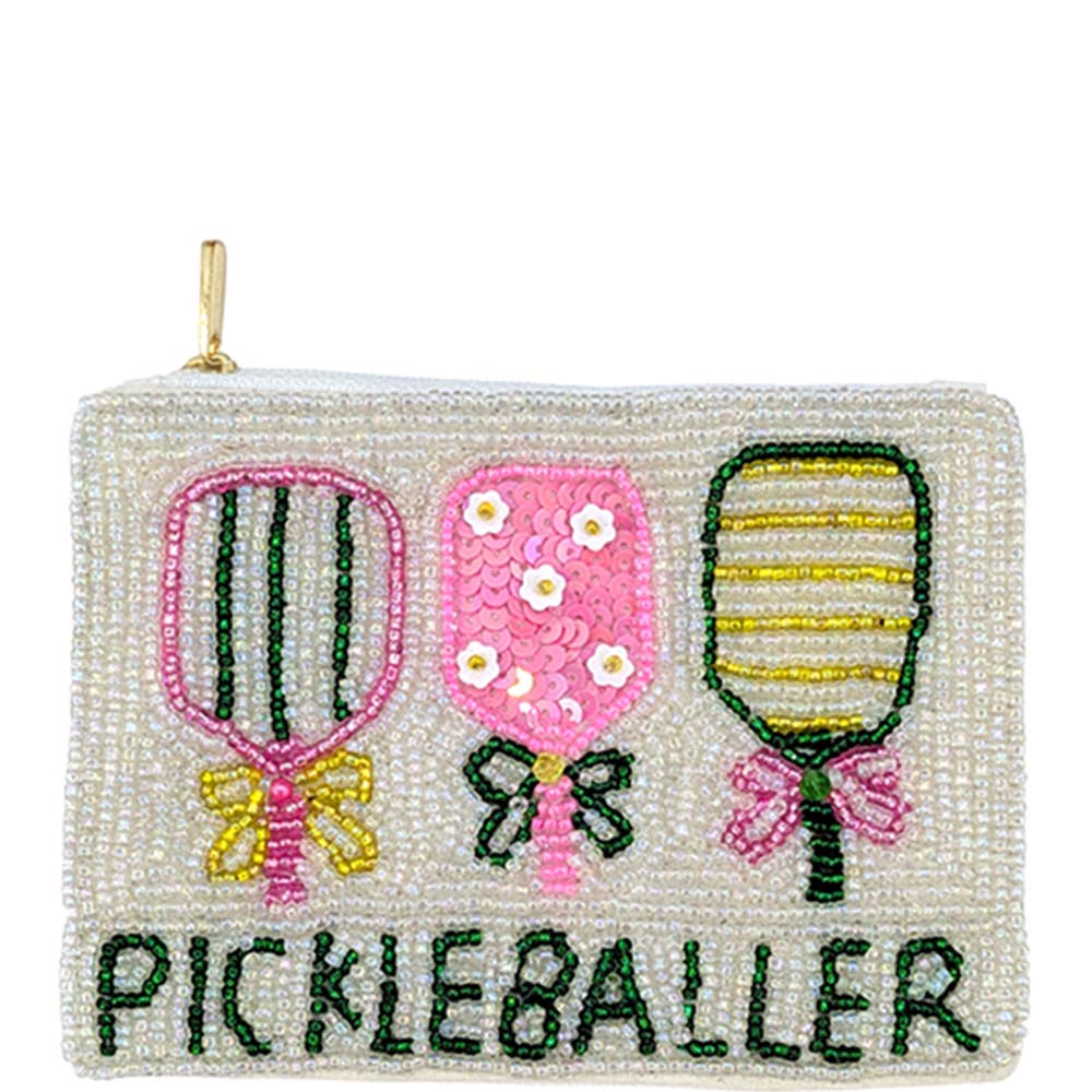SEED BEAD PICKLEBALLER COIN PURSE BAG shaped like a rectangle, featuring three pickleball paddles and the text “PICKLEBALLER” in green beads.