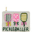 SEED BEAD PICKLEBALLER COIN PURSE BAG shaped like a rectangle, featuring three pickleball paddles and the text “PICKLEBALLER” in green beads.