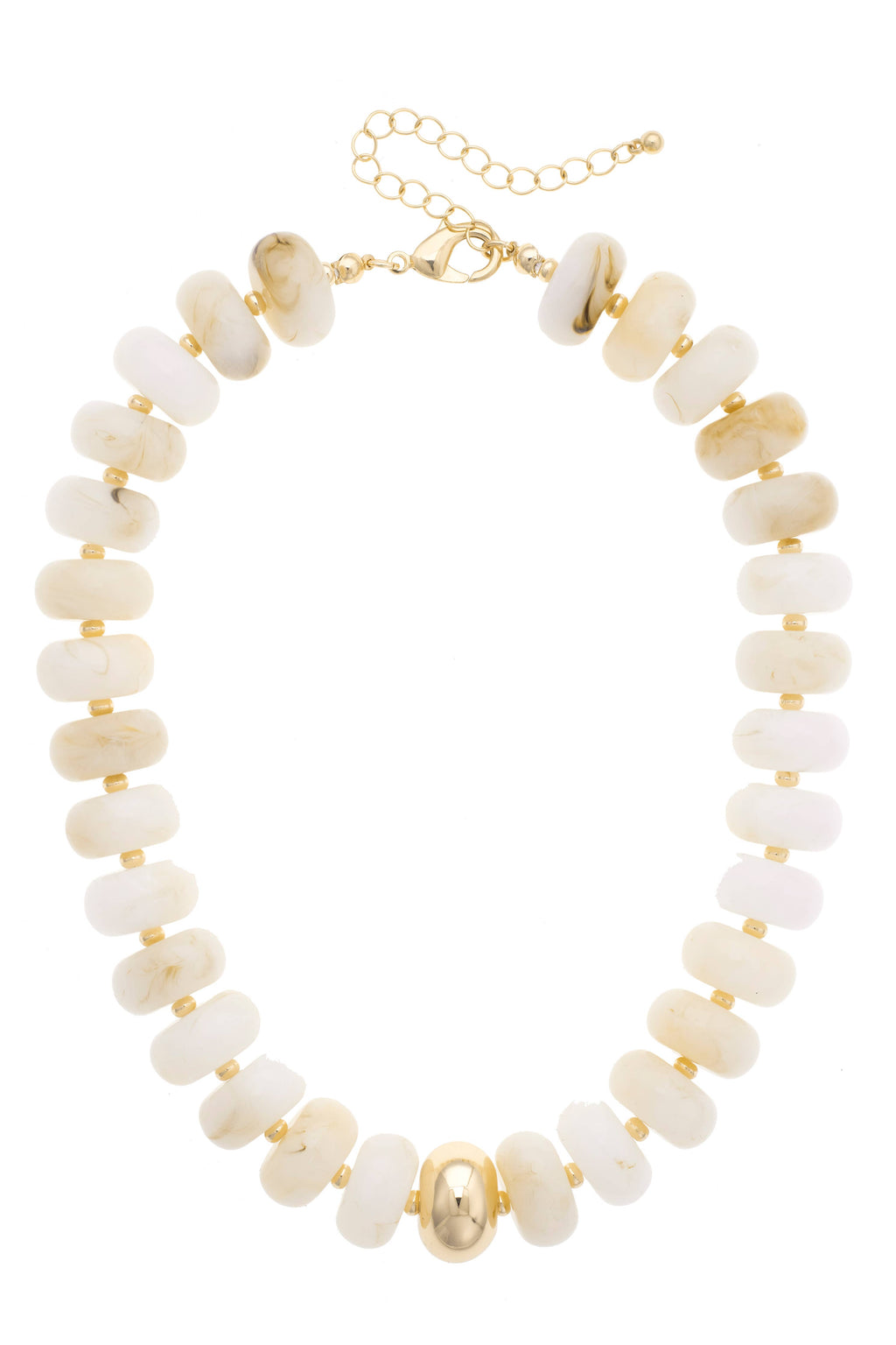 The San Sebastián Beaded Resin Necklace by Canvas Style is a striking statement piece, designed with round white resin beads, gold spacer accents, a central gold bead, and an adjustable gold chain and clasp.