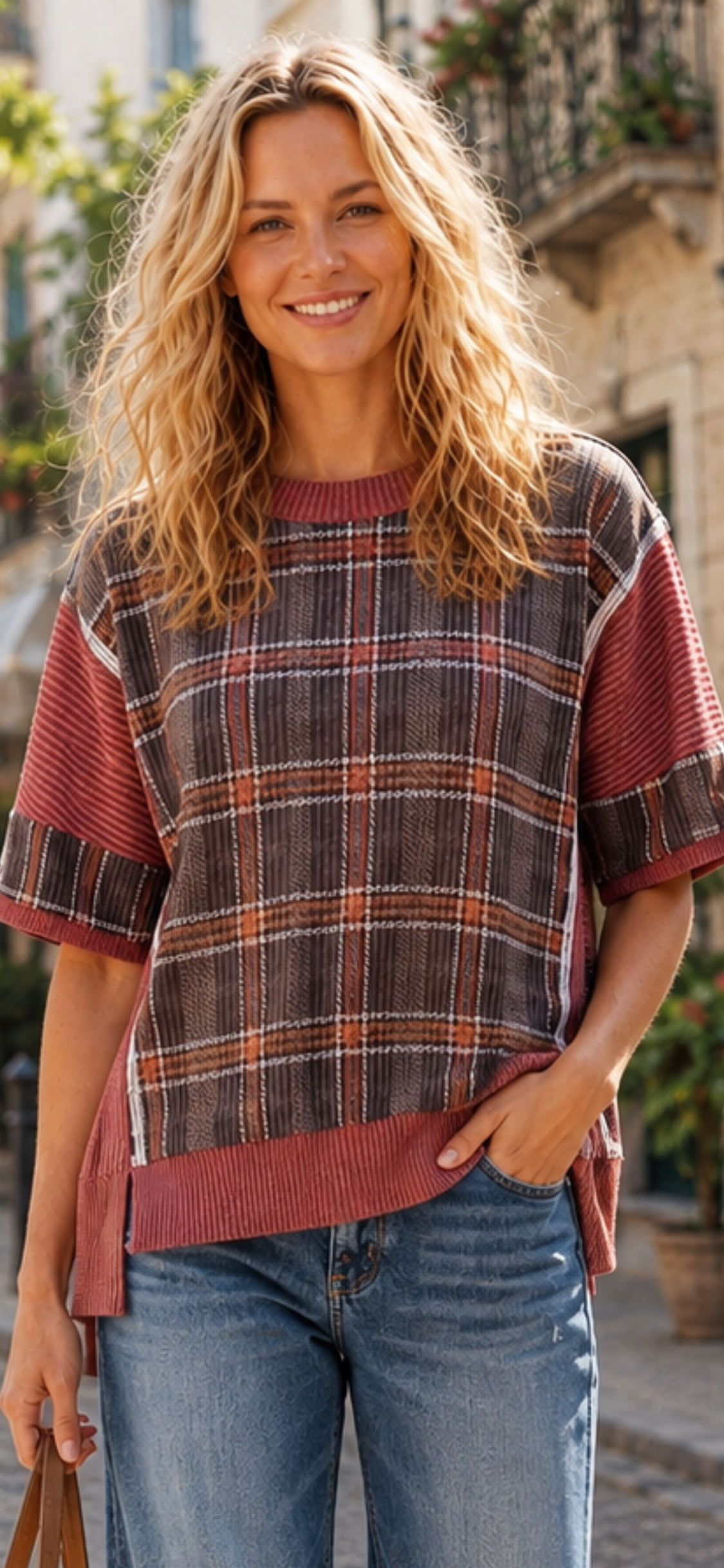 A woman with wavy blonde hair smiles at the camera while standing outdoors, wearing blue jeans and the Celeste Clothing Plaid Contrast Trim Rib Knit Oversized Short Sleeve Top. Main image