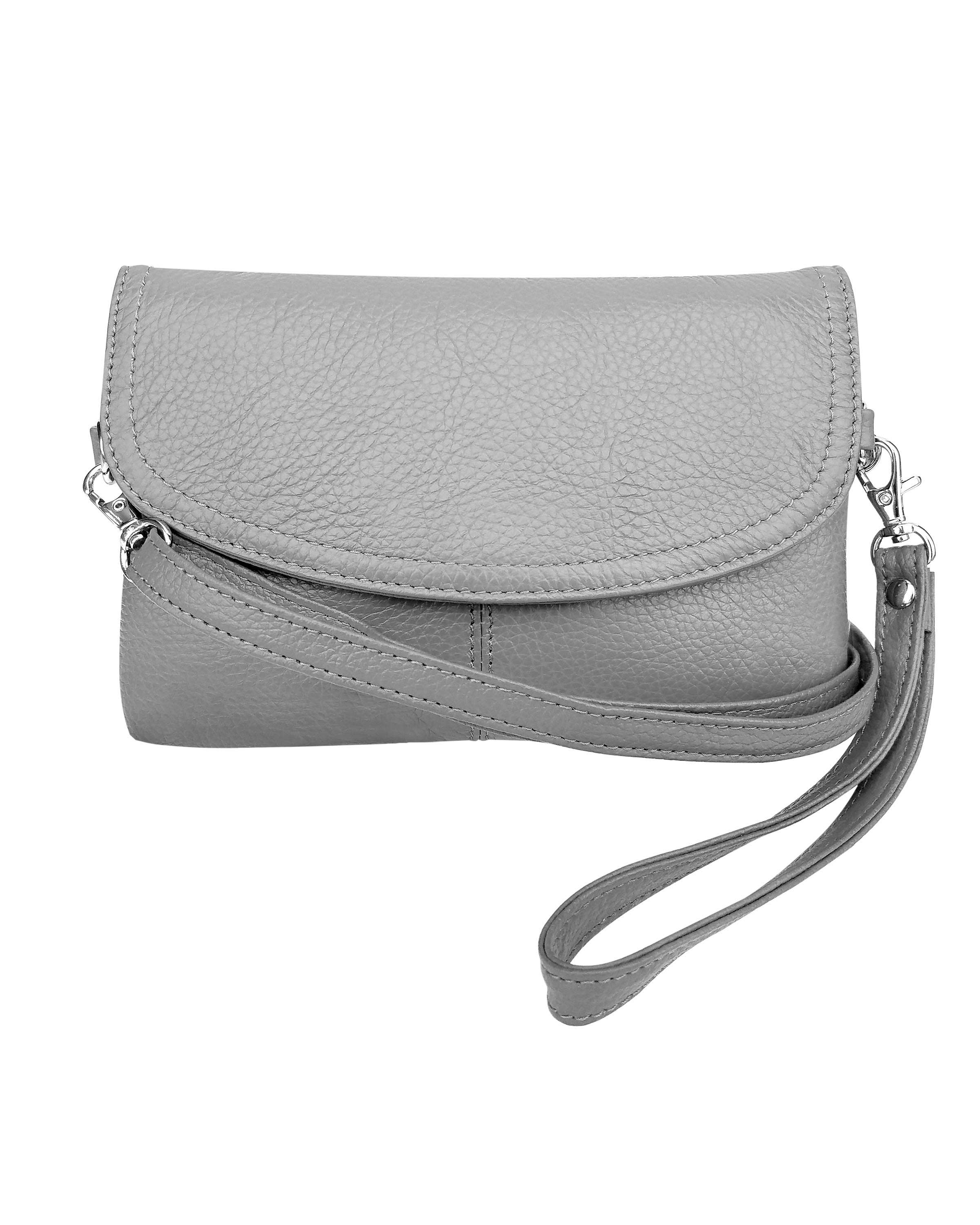 The Cowhide Leather Crossbody Clutch Bag by Roma Leathers, Inc. features gray cowhide leather, a fold-over flap, silver-tone hardware, detachable wristlet, and adjustable shoulder strap for versatile carrying. Shown on a white background.