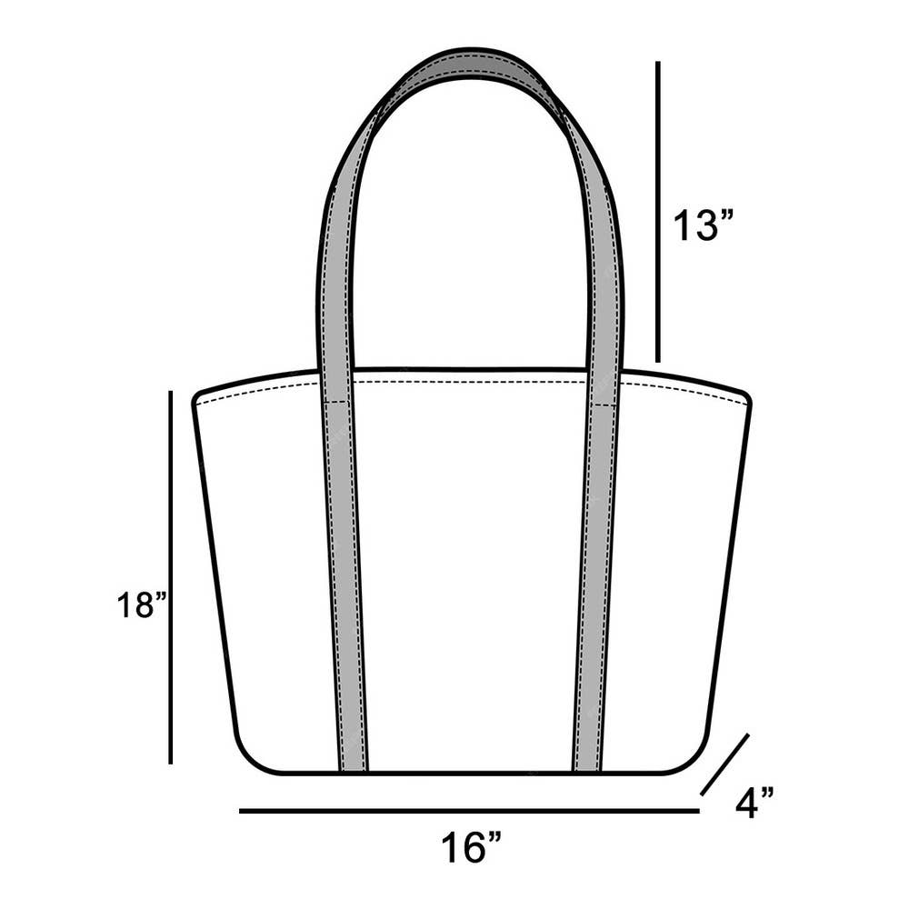 Line drawing of the Anarchy Street Large Woven Straw Fan Stitch Shoulder Tote Bag, labeled: 18" tall, 16" wide, 4" deep, and handles 13" high. Ideal as a stylish summer beach bag for fashionable outings.