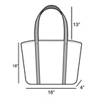 Line drawing of the Anarchy Street Large Woven Straw Fan Stitch Shoulder Tote Bag, labeled: 18" tall, 16" wide, 4" deep, and handles 13" high. Ideal as a stylish summer beach bag for fashionable outings.