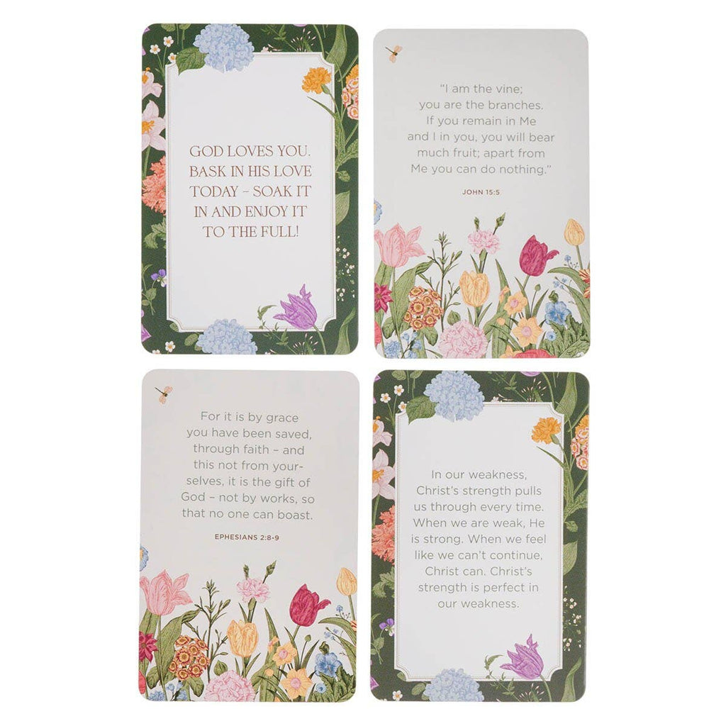 Four floral cards from the Box of Blessings Moments With God For Moms by Christian Art Gifts, featuring Bible verses and faith messages, designed with green borders and colorful floral elements, arranged in a rectangular layout.