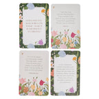 Four floral cards from the Box of Blessings Moments With God For Moms by Christian Art Gifts, featuring Bible verses and faith messages, designed with green borders and colorful floral elements, arranged in a rectangular layout.