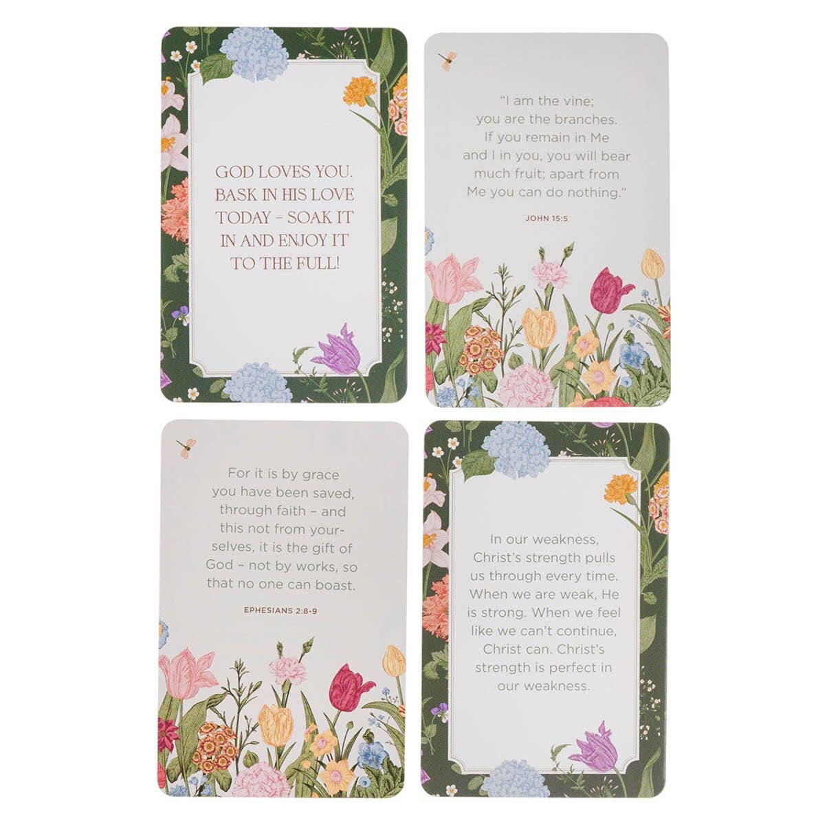 Four floral cards from the Box of Blessings Moments With God For Moms by Christian Art Gifts, featuring Bible verses and faith messages, designed with green borders and colorful floral elements, arranged in a rectangular layout.
