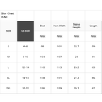 The 1 the Woman Solid Color Ribbed Ruffled Short Sleeve T Shirt features a size chart in centimeters comparing bust, hem width, sleeve length, and overall length for US sizes S to 2XL using relaxed measurements.