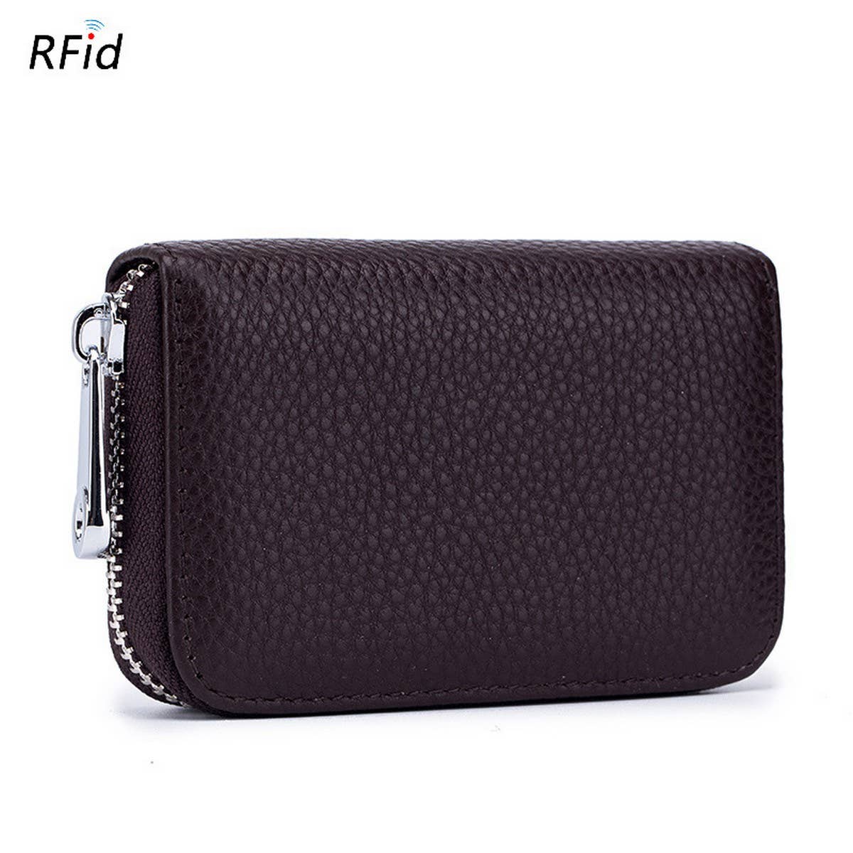The ACCITY CARD WALLET Anti-Theft Wallet is a dark brown textured leather zippered wallet with RFID protection, shown closed on a white background.