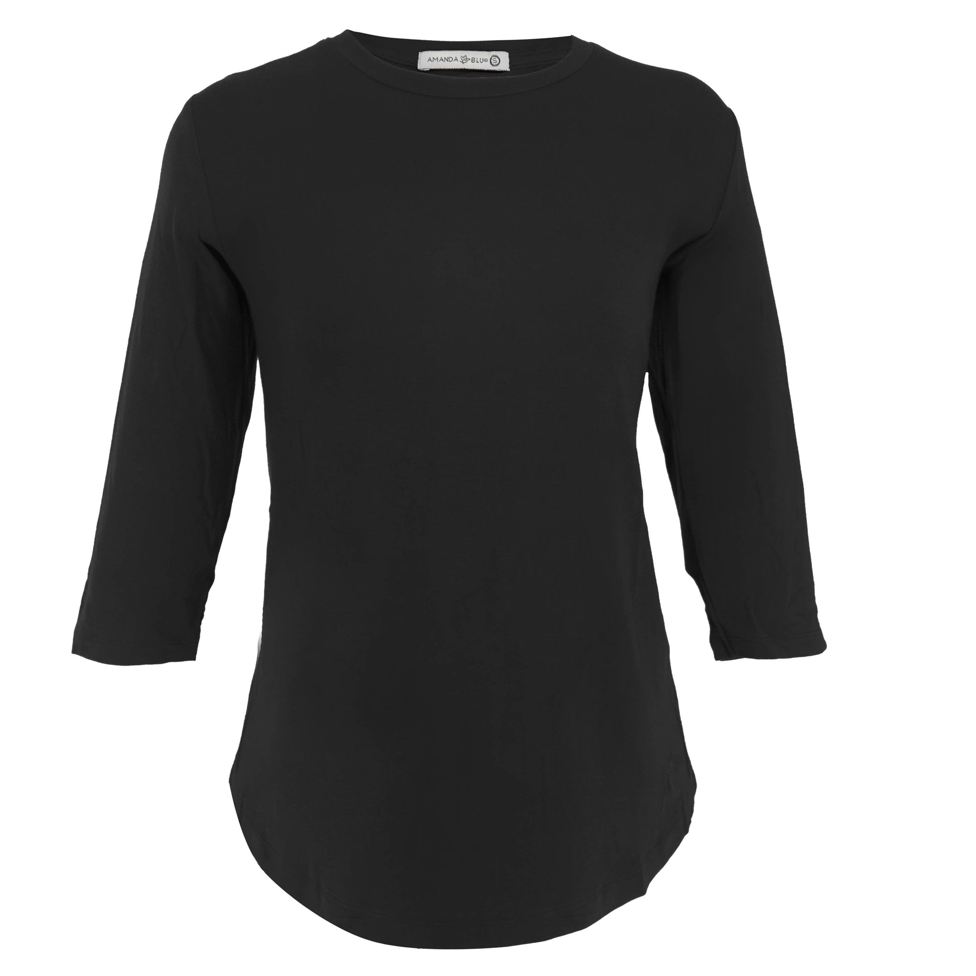 The Amanda Blu 3/4 Sleeves Tees is a soft rayon-spandex blend shirt with a crew neckline and curved hem in plain black, shown on a white background—a versatile wardrobe staple.