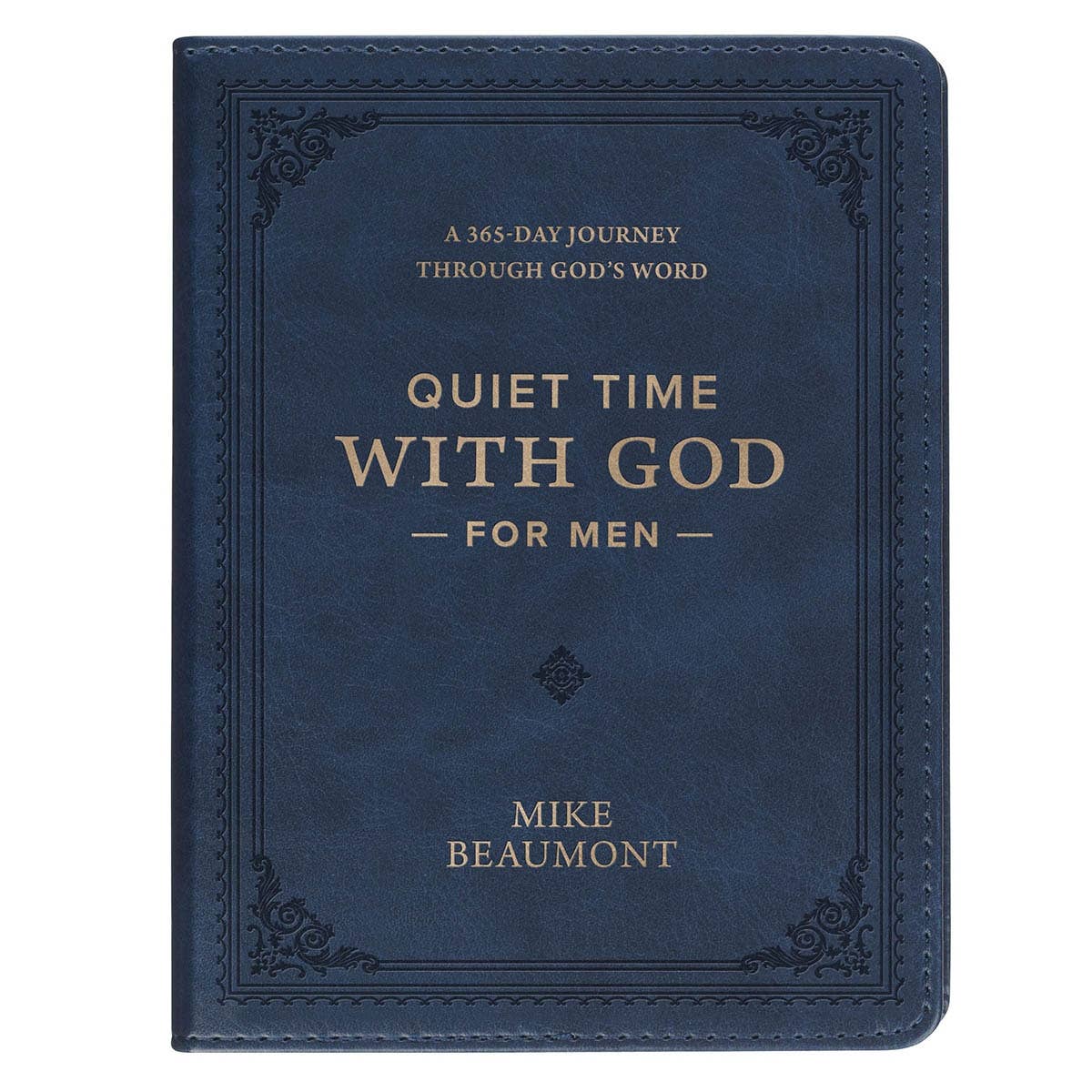 Blue Devotional Quiet Time with God for Men Faux Leather book with “Quiet Time With God For Men” and Mike Beaumont embossed on the cover, serving as a daily devotional for men.