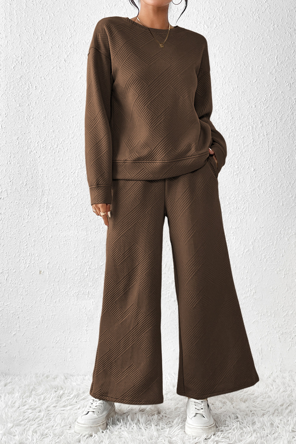 Dark Brown Textured Loose Slouchy Long Sleeve Top and Pants Set