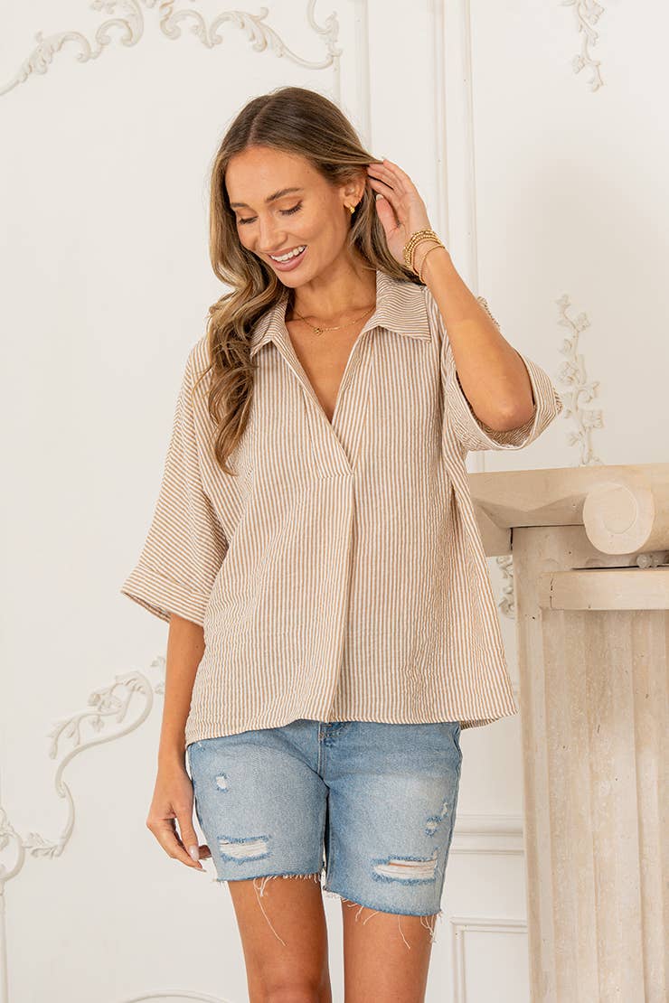 Relaxed Fit Collared V Notch Neck Striped Top Secondary image