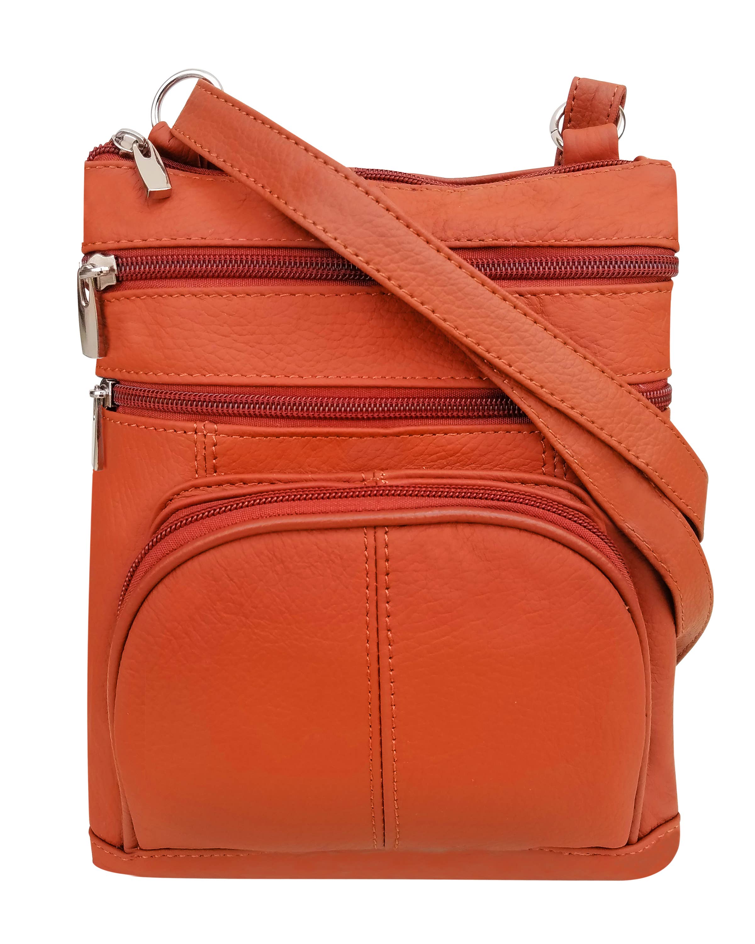 The Roma Leathers, Inc. Cowhide Leather Crossbody with phone pocket back side is a small orange bag with three zippered compartments and an adjustable shoulder strap, shown against a white background.