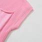 Close-up of a Shewin Pink Patch Pocket Ribbed Knit Short Sleeve Sweater, made from soft knit fabric with a handy pocket, ideal for versatile wear in transitional weather. Photographed against a light gray background.