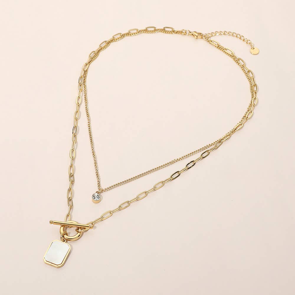 Stainless Steel Mother of Pearl Rectangular Frame Toggle Pendant Round Stone Accent Layered Necklace Secondary image