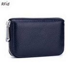 The ACCITY CARD WALLET Anti-Theft Wallet is a compact navy blue leather card holder with a zippered closure and built-in RFID protection for extra security.