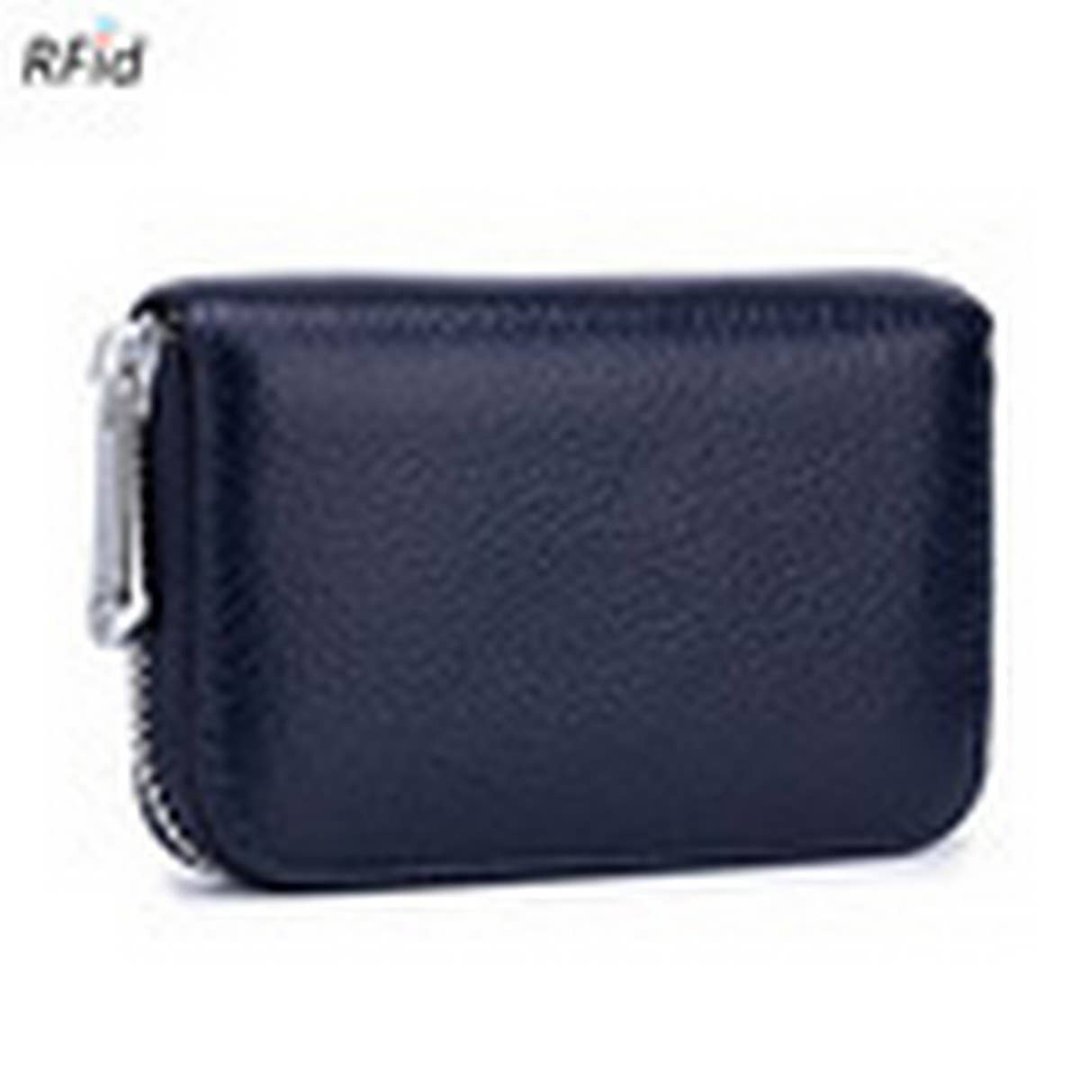 The ACCITY CARD WALLET Anti-Theft Wallet is a compact navy blue leather card holder with a zippered closure and built-in RFID protection for extra security.