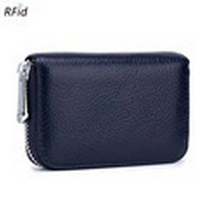 The ACCITY CARD WALLET Anti-Theft Wallet is a compact navy blue leather card holder with a zippered closure and built-in RFID protection for extra security.