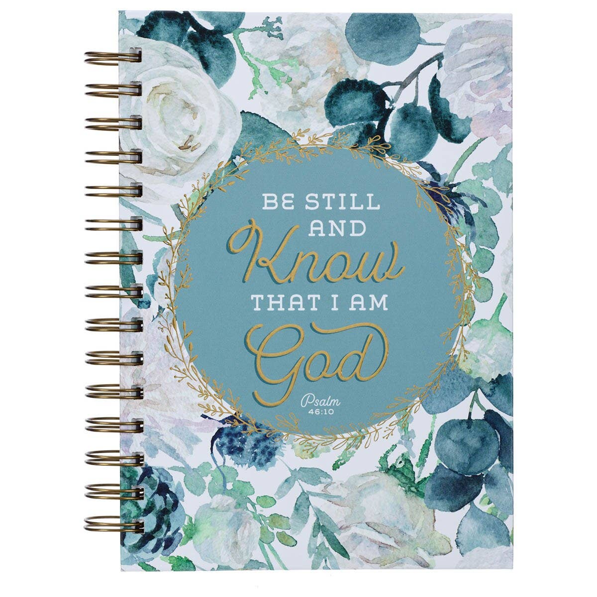 Featuring a white and teal floral cover with gold-embossed text that reads “Be still and know that I am God. Psalm 46:10,” the Journal Wirebound White/Teal Floral Be Still Ps. 46:10 by Christian Art Gifts is a beautiful Christian Scripture journal, ideal for daily reflections. Main image