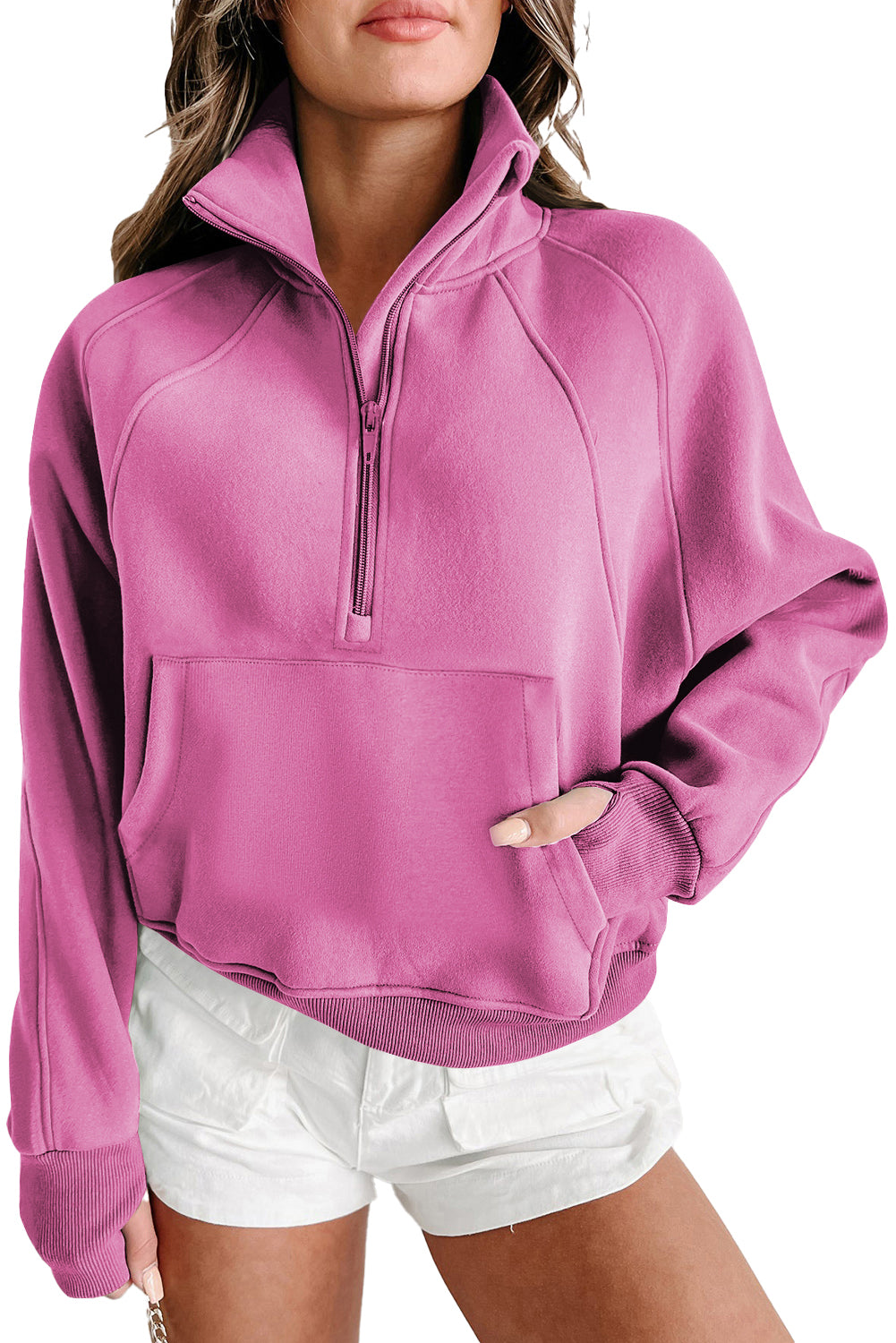 Zip Up Stand Collar Ribbed Thumbhole Sleeve Sweatshirt - 12 colors to choose from