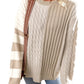 A person dressed in Shewin's Khaki Cable Knit Colorblock Crew Neck Drop Shoulder Sweater, styled with light blue jeans.