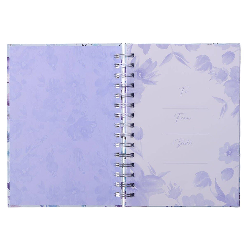 An open Journal Wirebound It is Well with My Soul by Christian Art Gifts, featuring a delicate floral-patterned cover, with blank "To," "From," and "Date" lines on the right page and a faint floral design adorning the left page. This stylish wirebound journal is perfect for capturing your thoughts in its beautifully designed pages.