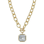 Faire CHUNKY TEXTURED CHAIN TOGGLE 25MM STONE PENDANT: a gold-tone chunky chain necklace featuring a toggle clasp and a large, square faceted clear stone pendant.