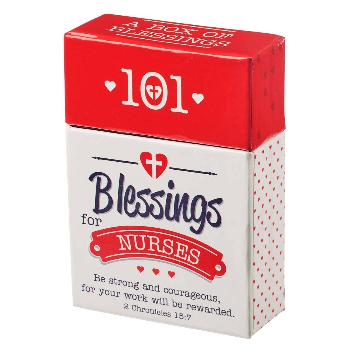 The Box of Blessings for Nurses by Christian Art Gifts comes in a red and white box featuring the Bible verse, "Be strong and courageous, for your work will be rewarded. 2 Chronicles 15:7." This thoughtful set of inspirational scripture cards is the perfect gift for nurses, providing daily encouragement and support.