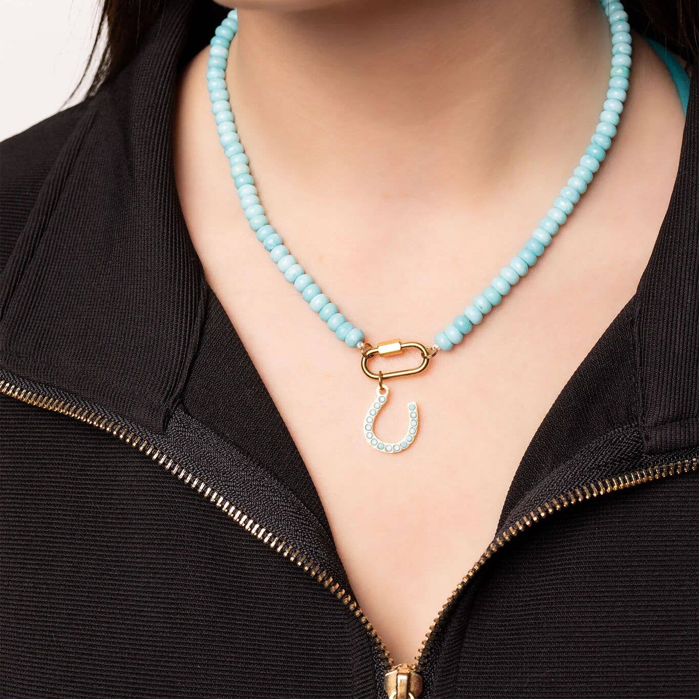 Stainless Steel Turquoise Chunky Bead Carabiner Necklace Secondary image