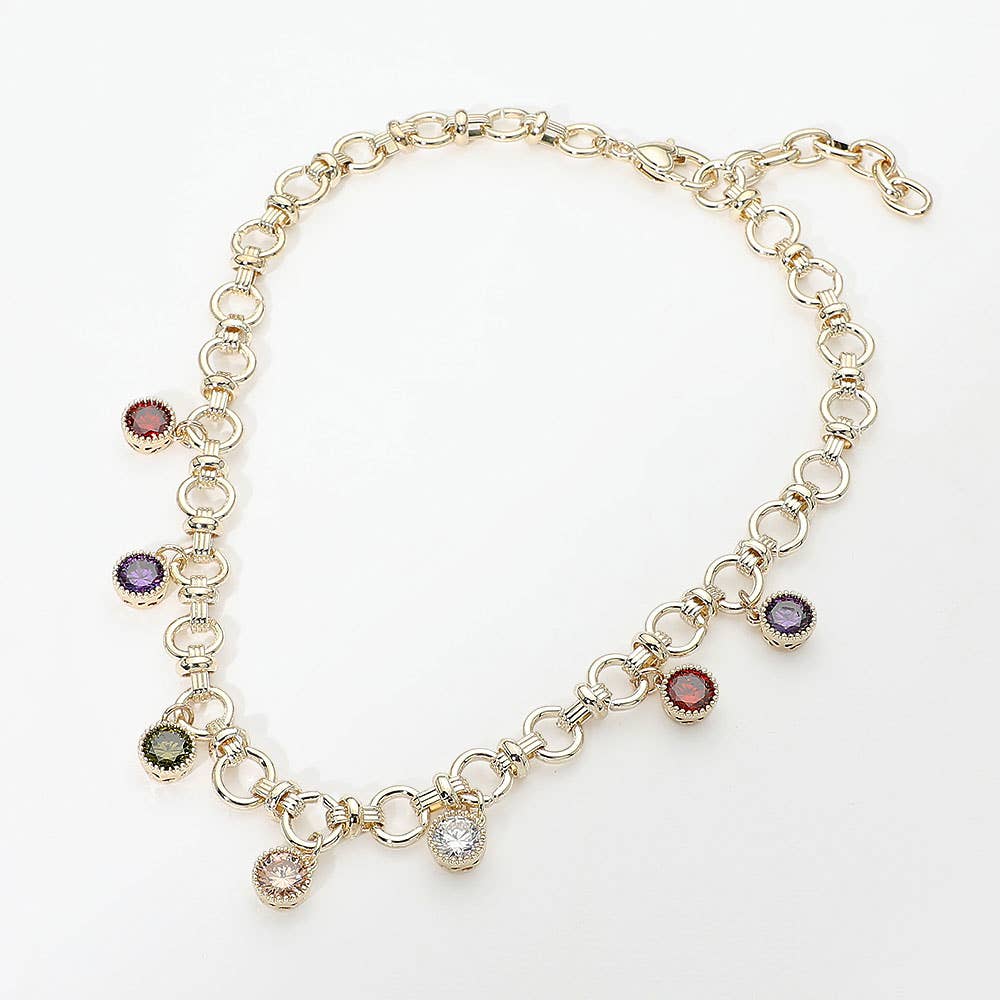 14K Gold Plated Colorful Round CZ Charm Station Chunky Chain Necklace Secondary image