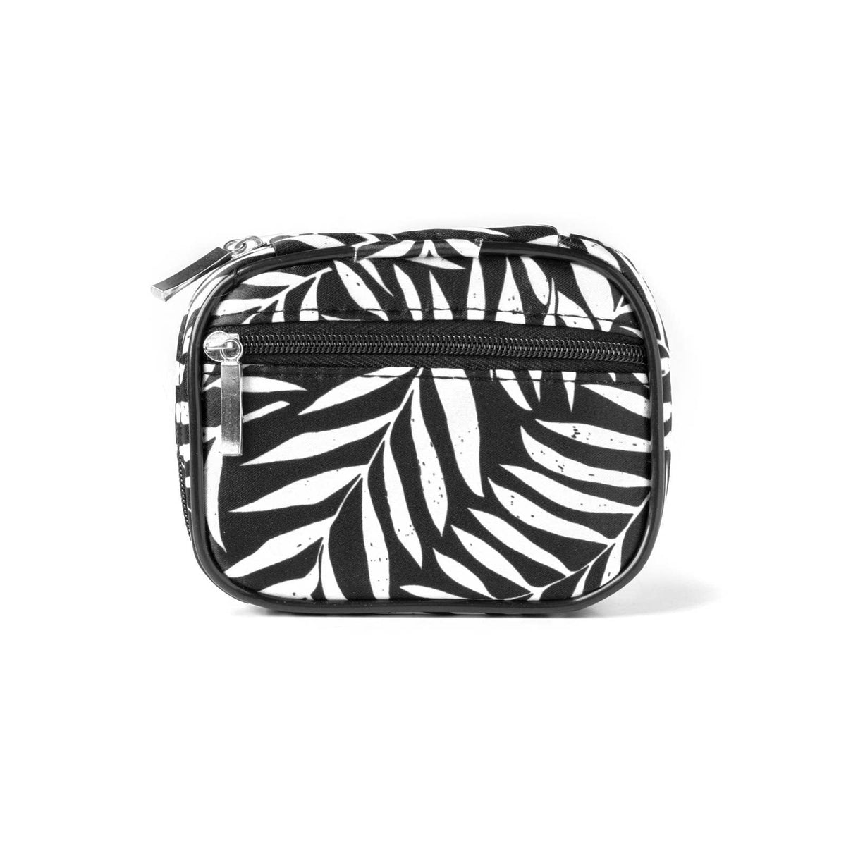 Wellness Keeper Zippered Pill & Vitamin Case, a small rectangular 7-day pill organizer in a black and white palm leaf print with a front zippered case pocket.
