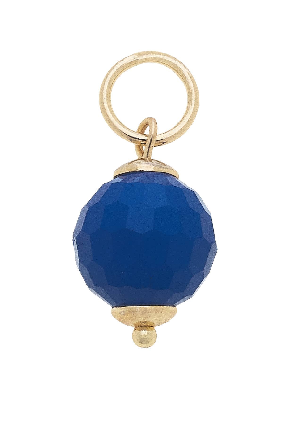 The Resin Bead Charm by Canvas Style is a gold loop pendant adorned with a faceted blue spherical resin bead and delicate gold accents at the top and bottom, perfect for adding a touch of elegance to your charm necklace or bracelet.