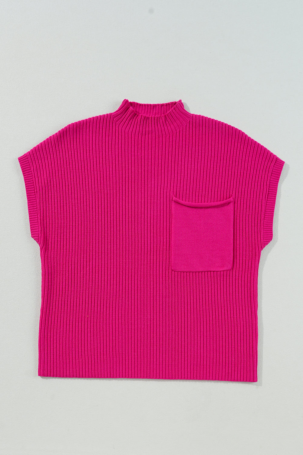 The Shewin Patch Pocket Ribbed Knit Sweater features short sleeves, a bright pink hue, cozy knit fabric, high neck, and a front pocket—ideal for transitional weather.