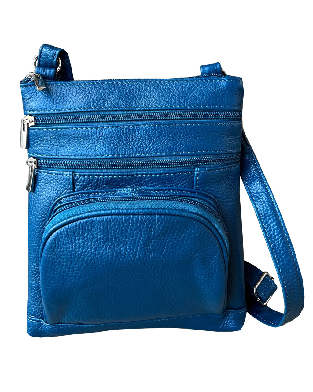 The Roma Leathers, Inc. Cowhide leather Crossbody with phone pocket back side is a blue bag with three zippered compartments and an adjustable shoulder strap, displayed against a white background.
